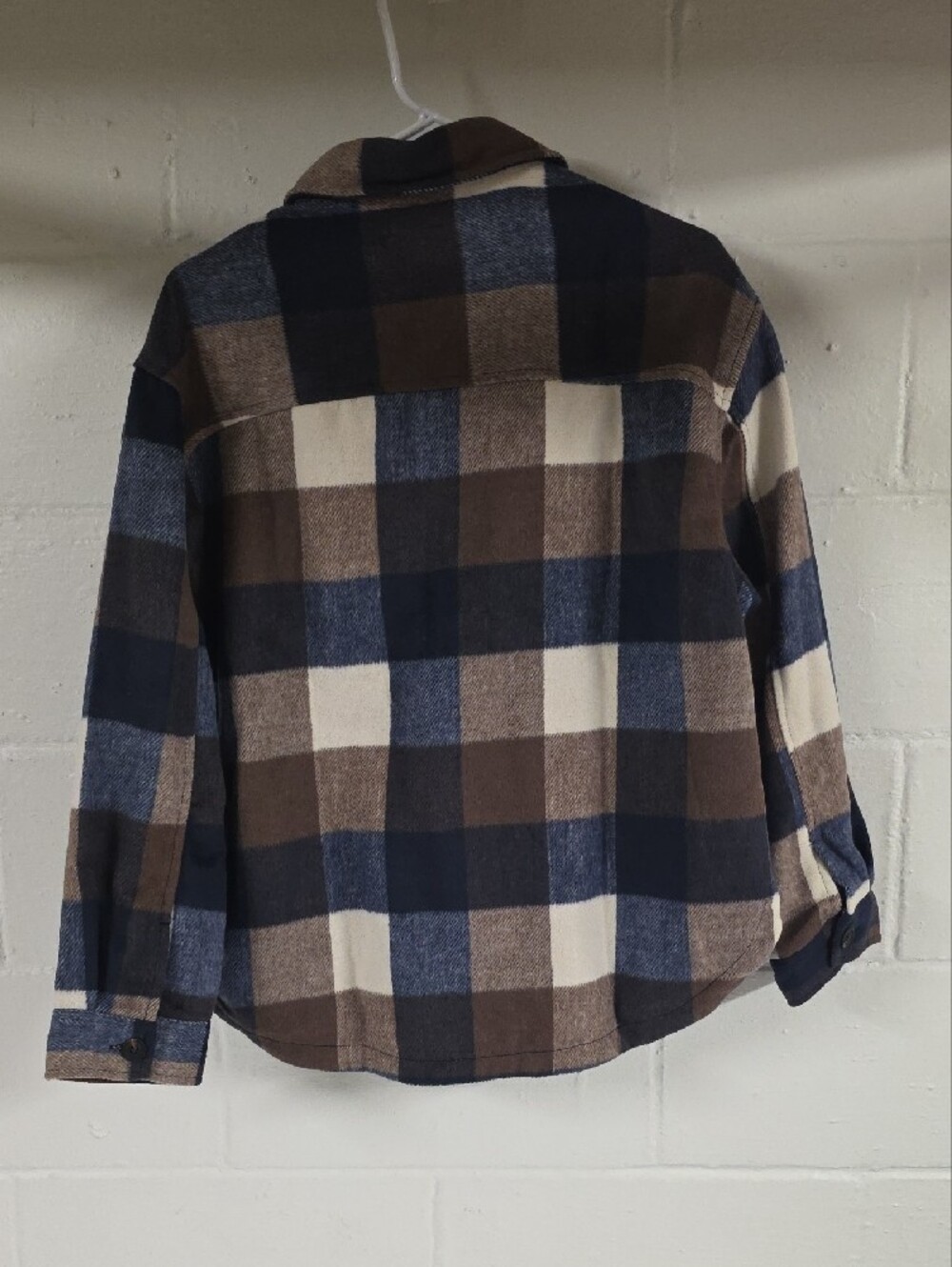 Button-Down Plaid Shacket in Navy, Brown & Cream - Picture 2 of 3